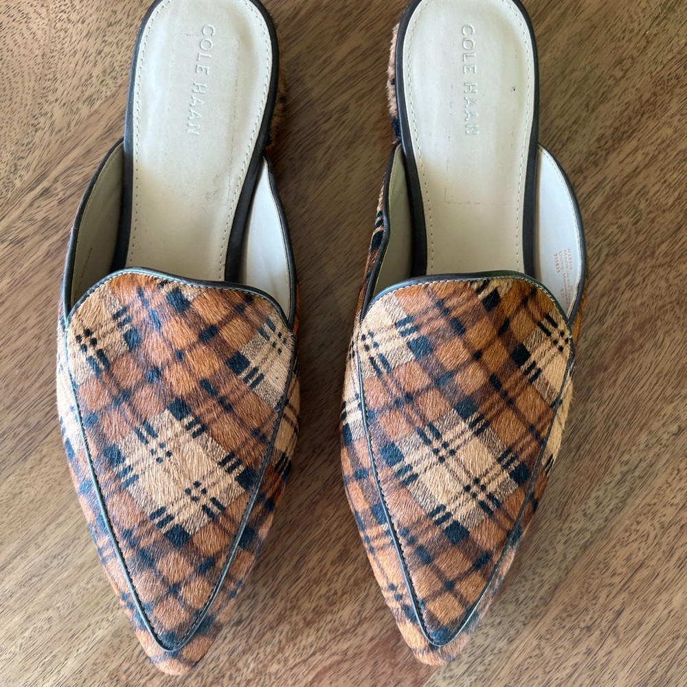 Cole Haan Women's Tan and Black Plaid Mules